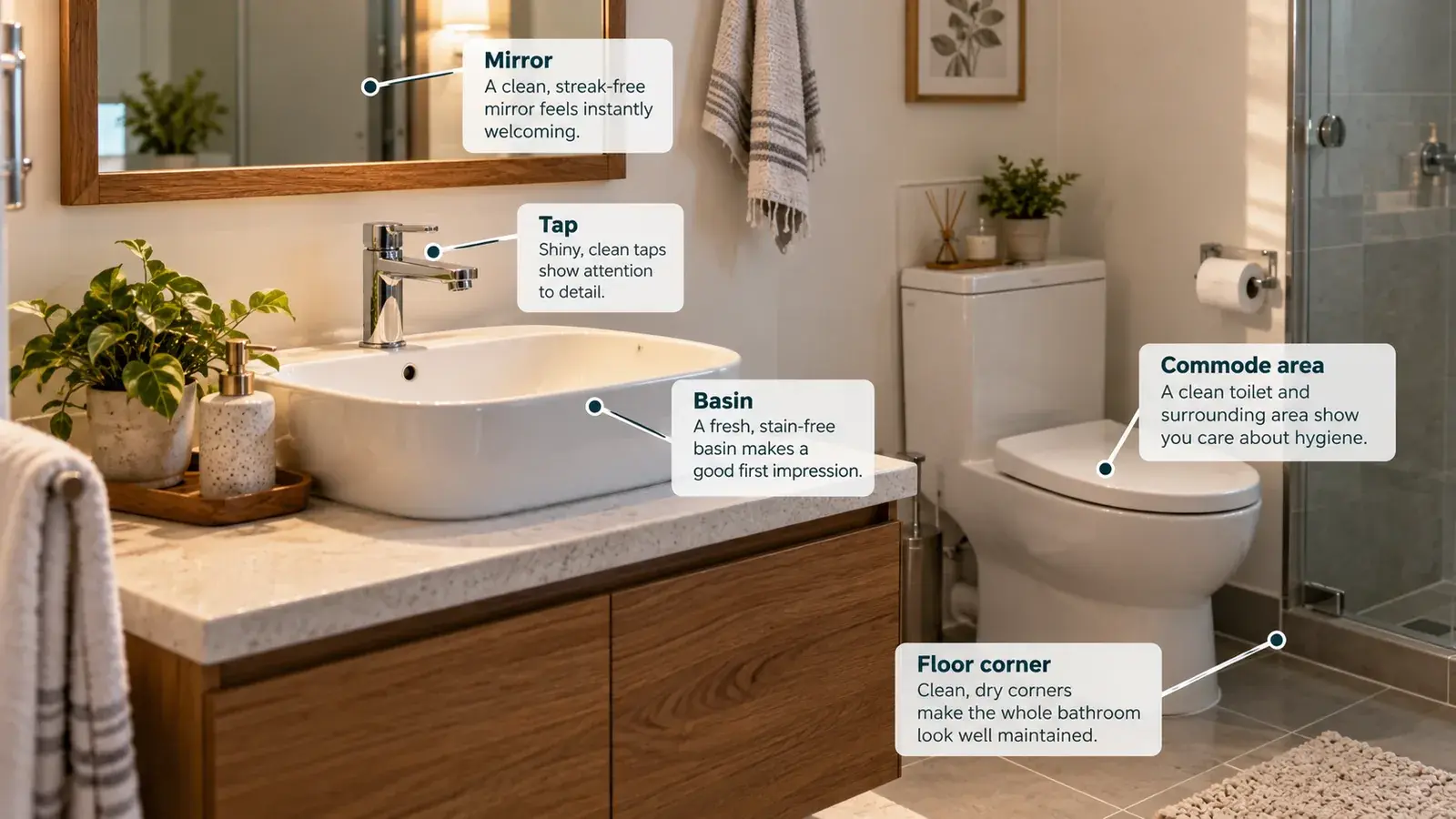 পরিষ্কার bathroom-এ mirror, tap, basin, commode area ও floor corner-এর গুরুত্বপূর্ণ detail