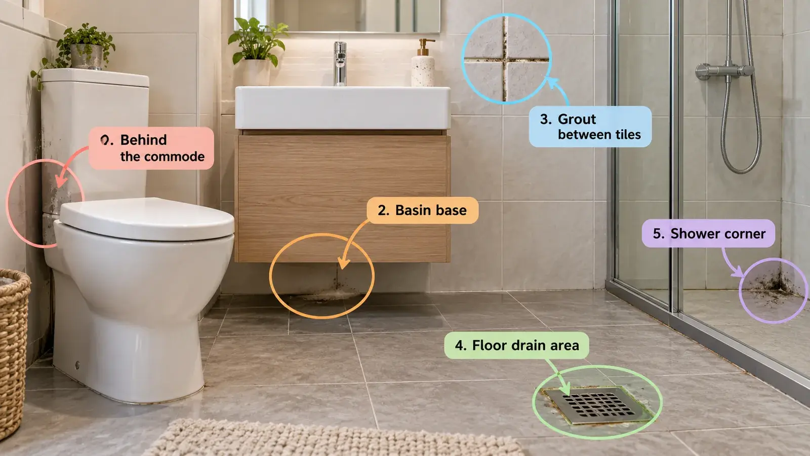 Bathroom-এর hidden dirt area হিসেবে commode-এর পেছন, basin base, grout, floor drain ও shower corner