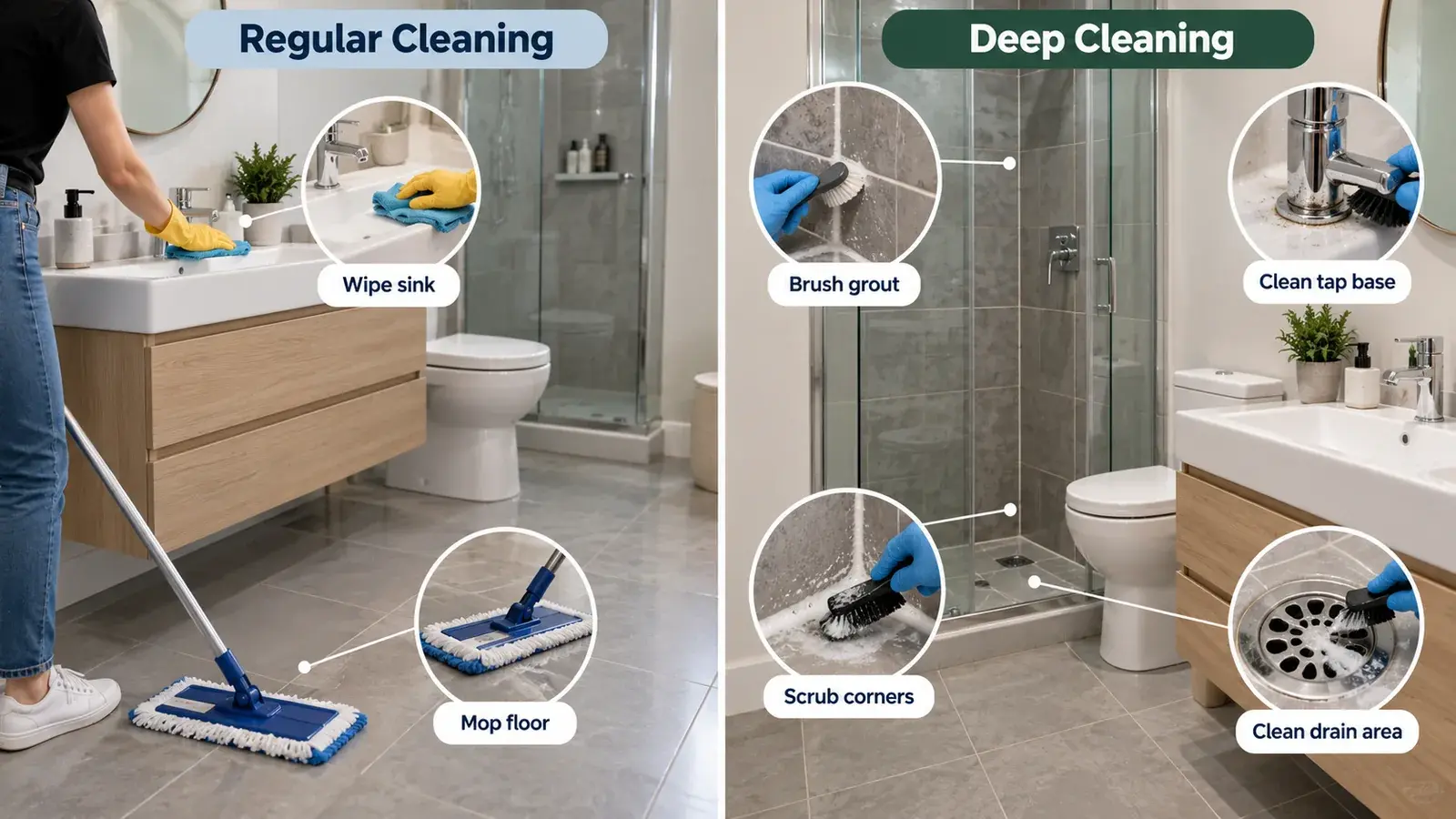 Regular bathroom cleaning এবং deep cleaning-এর কাজের পার্থক্যের উদাহরণ