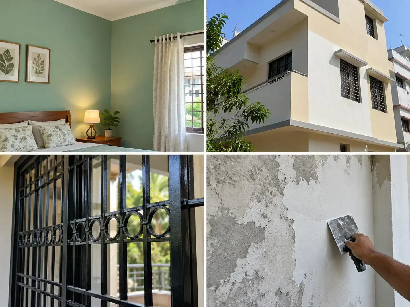Interior wall, exterior wall, metal grill ও surface preparation-এর paint use example