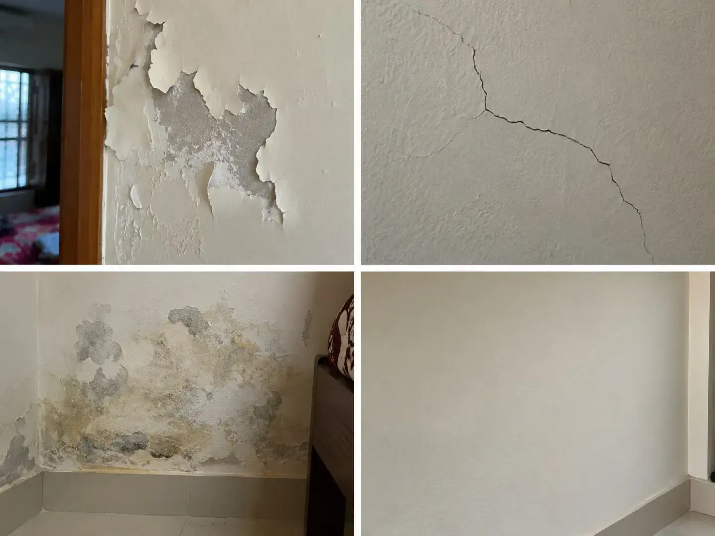রং করার আগে peeling paint, wall crack, damp wall এবং স্বাভাবিক দেয়ালের উদাহরণ