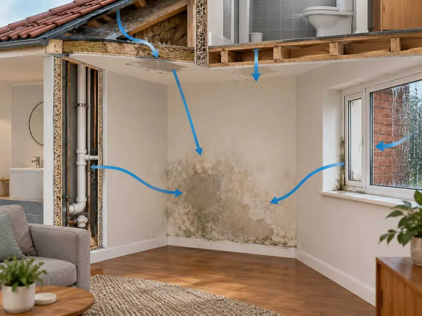 ছাদ, bathroom pipe, exterior wall ও জানালা থেকে দেয়ালে damp হওয়ার সম্ভাব্য source