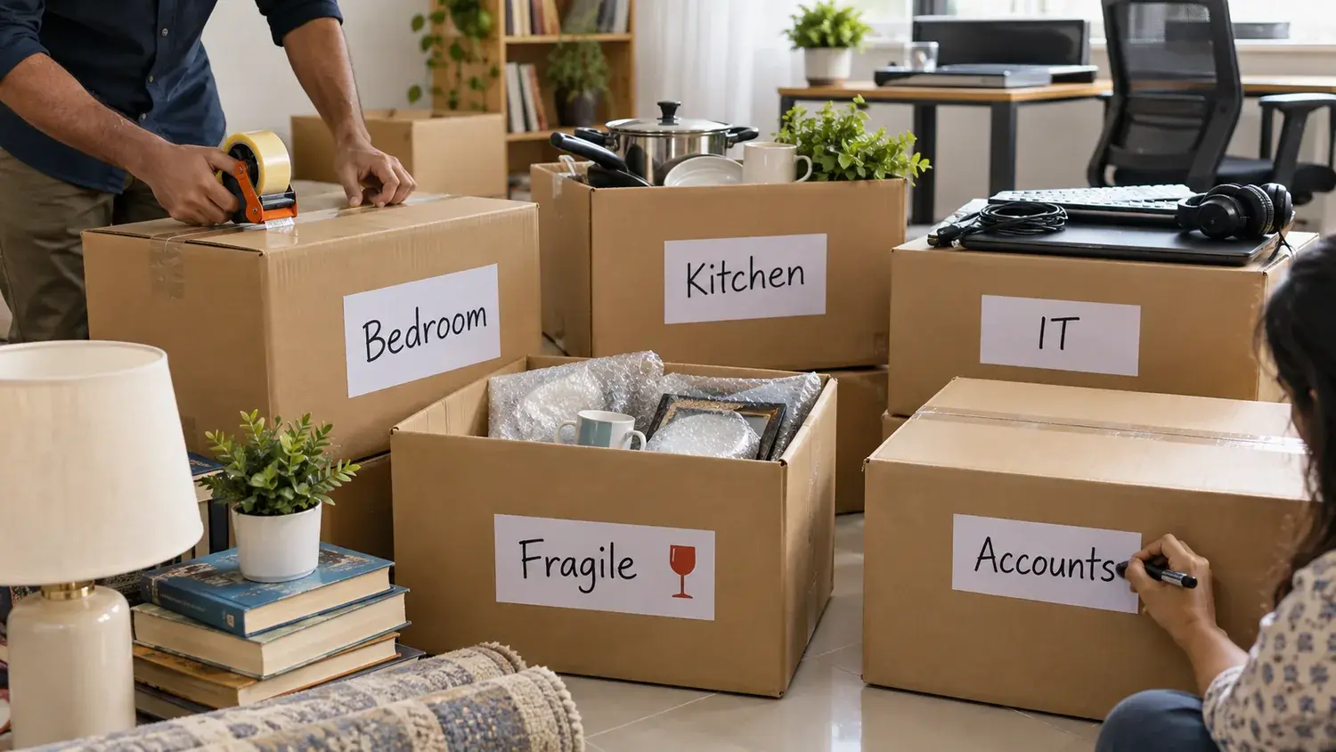বাসা ও অফিস শিফটিংয়ে room ও department অনুযায়ী box labeling—Bedroom, Kitchen, IT, Fragile ও Accounts লেখা কার্টন
