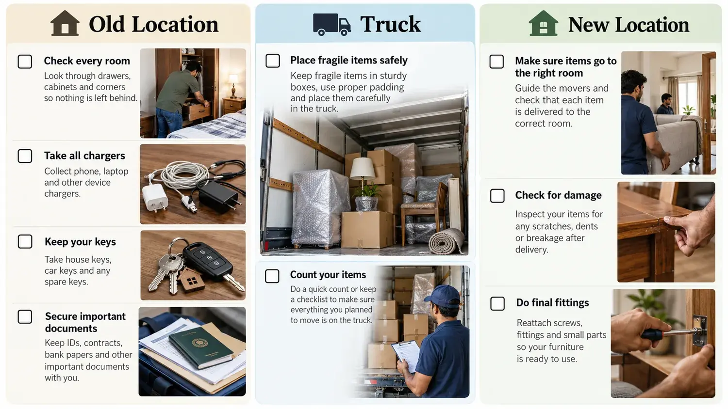 Moving day checklist—পুরনো জায়গা, truck ও নতুন জায়গার জন্য করণীয়