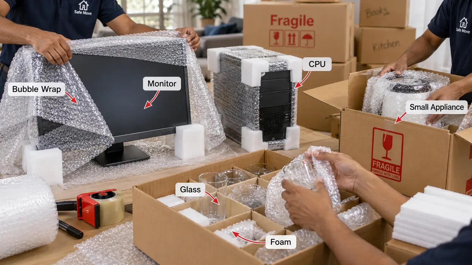 Monitor, CPU ও কাচের জিনিস bubble wrap ও foam দিয়ে fragile packing